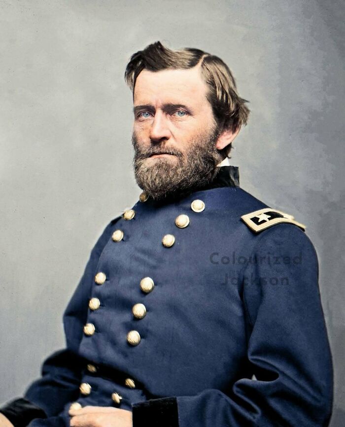 A close-up portrait of Ulysses S. Grant in uniform, a vibrant example of historical colorized photos.