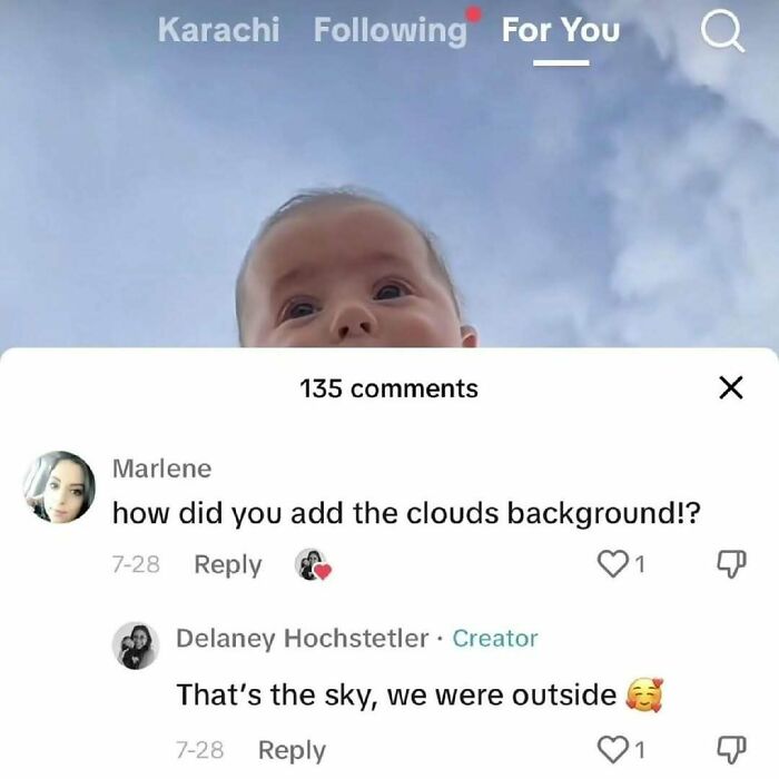 A funny meme showing a baby with the sky as a background, with a comment asking about the cloud background.