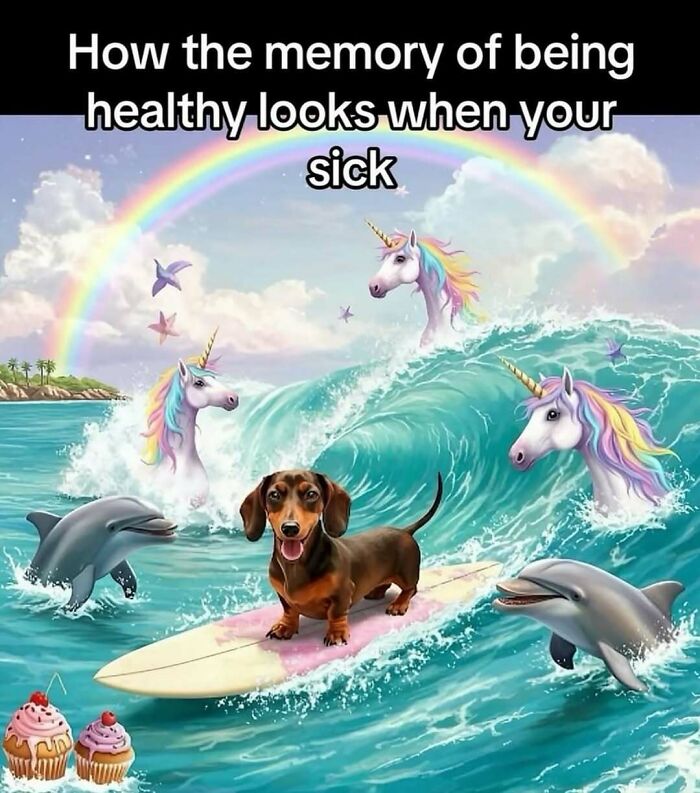 A funny meme of a dachshund surfing with dolphins and unicorns under a rainbow, representing memories of health.
