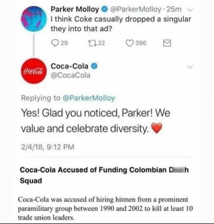 Coca-Cola's humorous Twitter reply about diversity amid accusations of funding violence in Colombia history meme