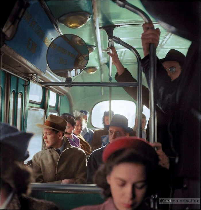 Historical colorized photos: People riding a bus, showcasing daily life in the past.