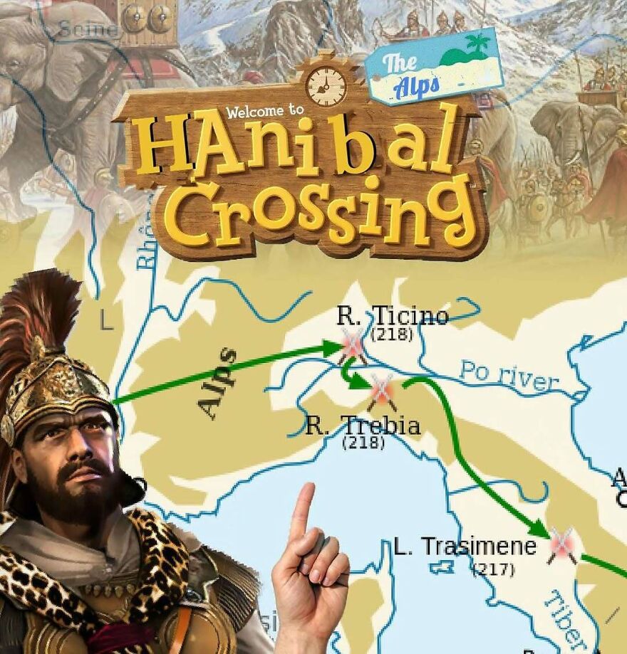 Clever history memes crossover of Hannibal Barca and Animal Crossing as Hanibal Crossing.