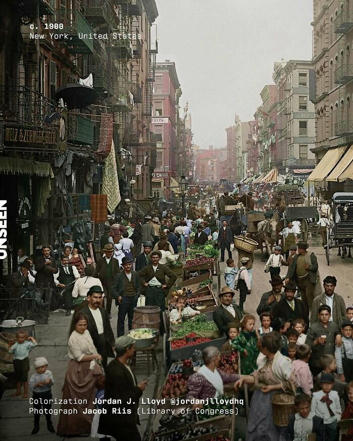 Historical colorized photo of a bustling street market in New York, circa 1900, bringing the past days to life.