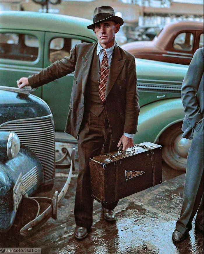Historical colorized photos of a man in a suit and hat carrying a suitcase next to vintage cars.