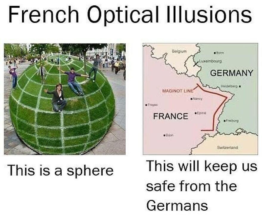 A history meme comparing a spherical lawn optical illusion to the French Maginot Line