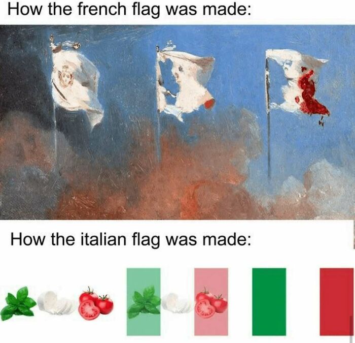 Comparison of French and Italian flag origins using humor and food items