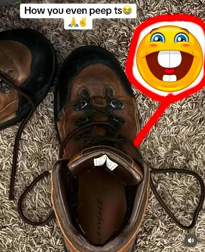 A funny meme showing a pair of shoes with laces forming an emoji face, captioned 'How you even peep ts'.