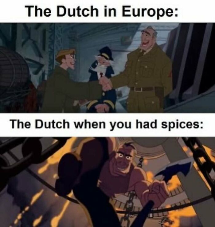History meme about Dutch behavior in Europe and during spice trade with animated characters