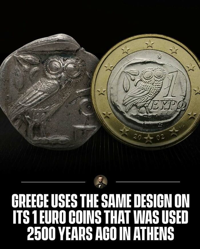 A photo from history comparing an ancient Athenian owl coin with a modern Greek 1 Euro coin
