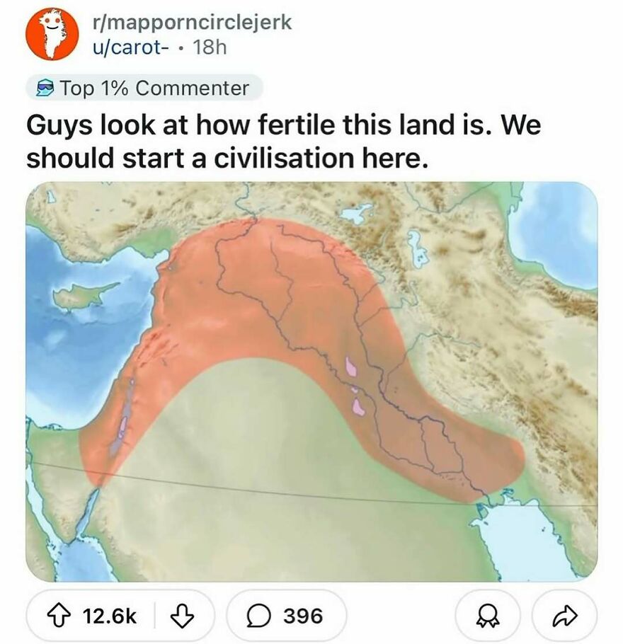 A history meme showing a map of the Fertile Crescent with a humorous Reddit comment about starting a civilization.