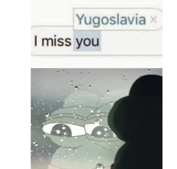 Sad Pepe frog meme under Yugoslavia I miss you text