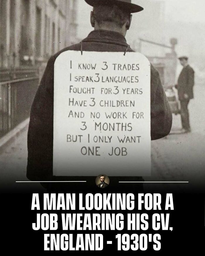 An unemployed man in 1930s England wearing his CV, showcasing powerful photos from history.