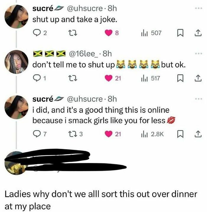A funny meme showing a Twitter conversation with escalating insults, ending with a humorous dinner invitation.