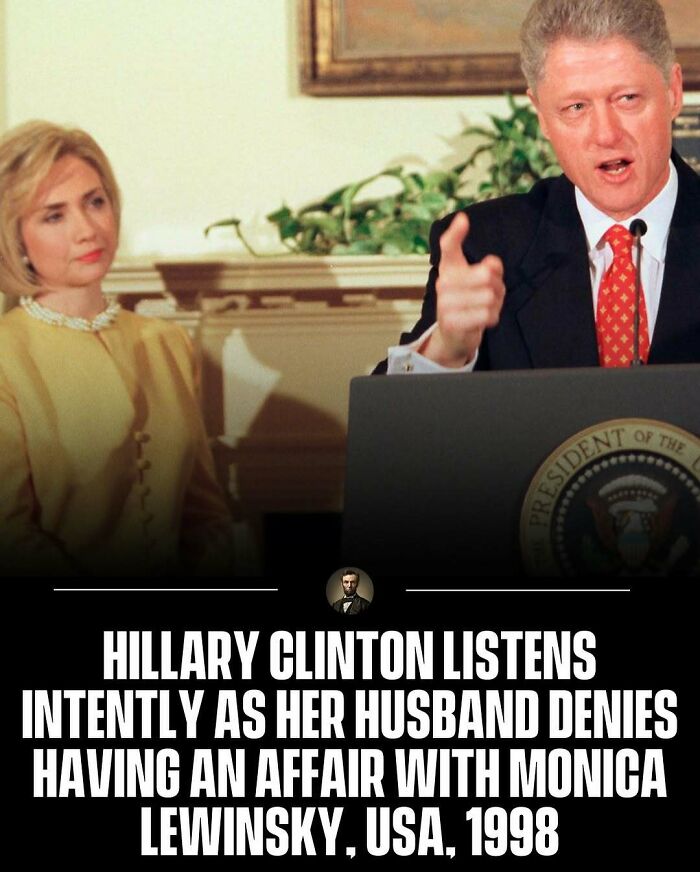 Hillary Clinton listens as Bill Clinton denies Lewinsky affair in 1998. Key photos from history.