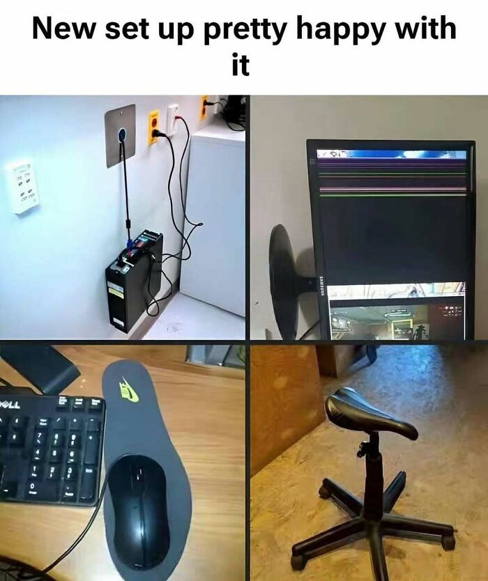 A funny meme showing a poorly set up computer with a broken monitor, a mousepad made from a shoe sole, and a bike seat for a chair.