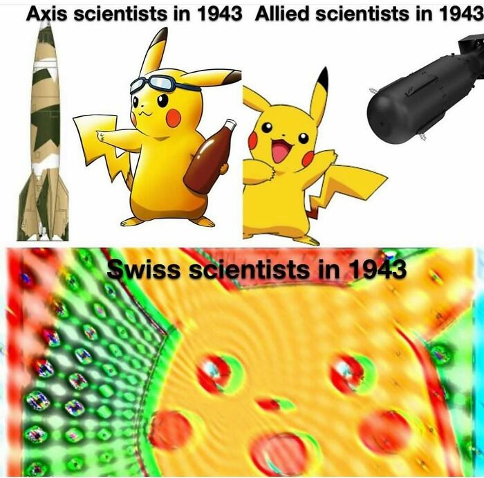 Humorous history meme with Axis and Allied scientists depicted as Pikachu