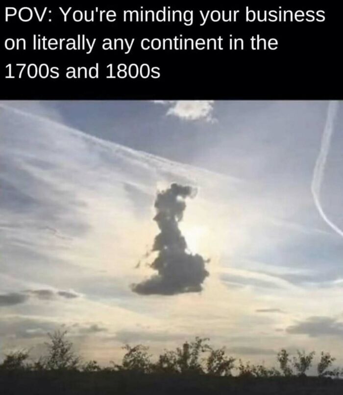 Cloud formation resembling Great Britain with caption about 1700s and 1800s history