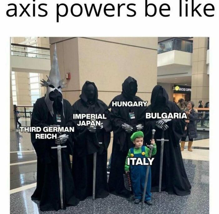 Axis powers meme with Italy as a small child among tall dark figures