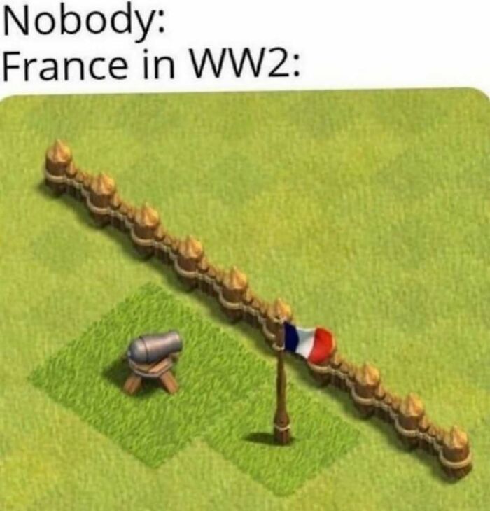 Funny history meme about France in WW2 with weak defensive wall and flag
