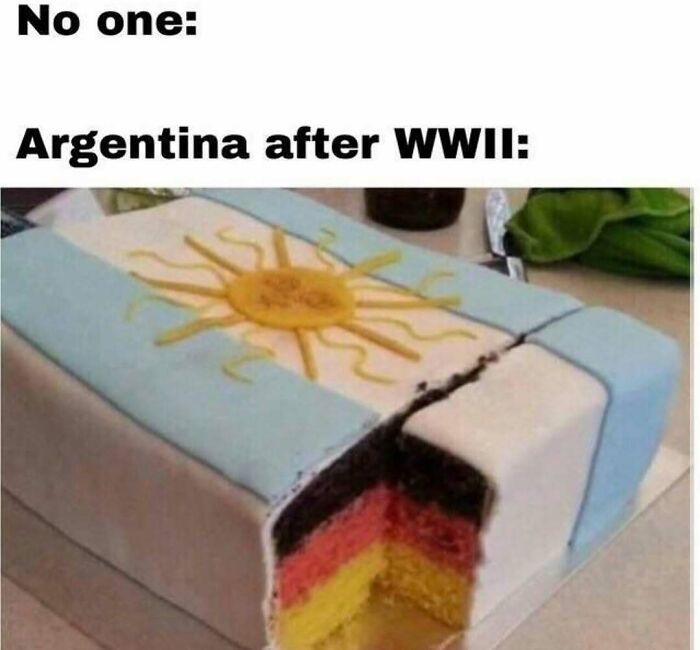 Cake with Argentina flag and German flag layers referencing post WWII history