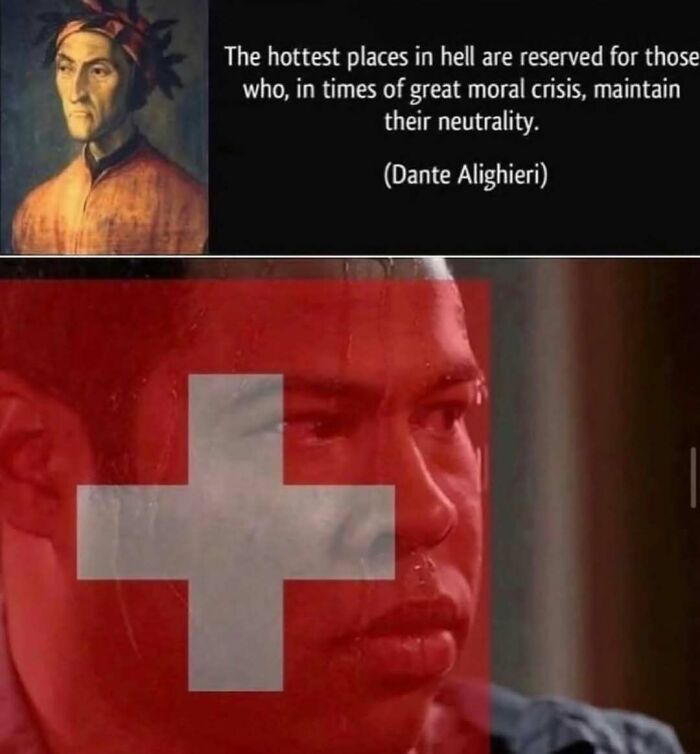 Quote by Dante Alighieri on neutrality with Swiss flag and worried man meme