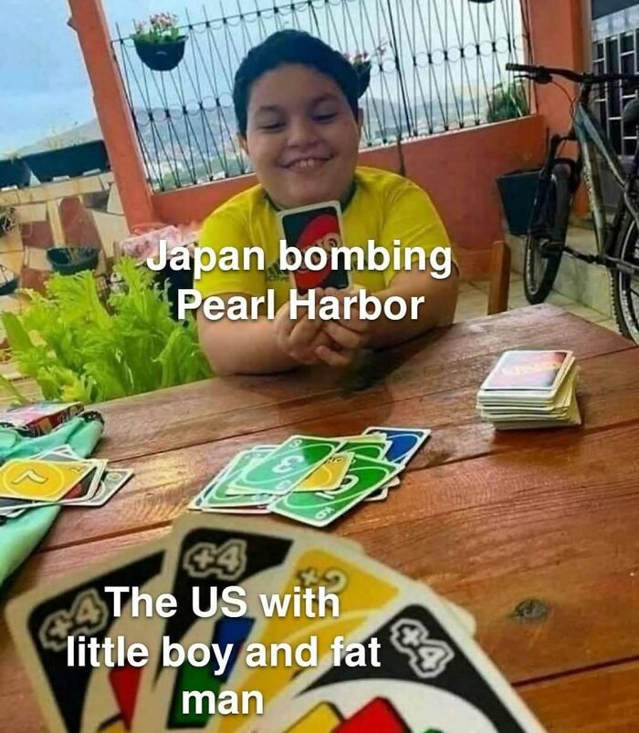 History meme about Japan bombing Pearl Harbor and US response with cards
