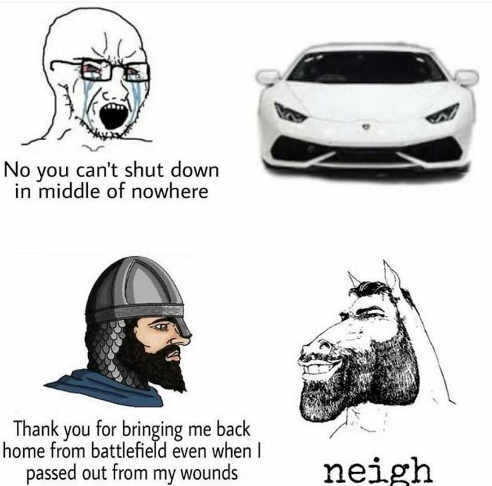 History memes featuring crying Wojak, Lamborghini, knight, and neighing horse humor