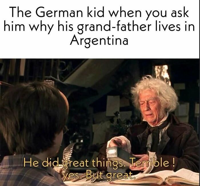 Meme of German kid deflecting question about grandfather living in Argentina
