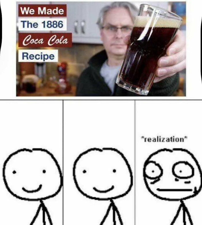 Person holding a glass of Coca Cola with comic strip realization meme