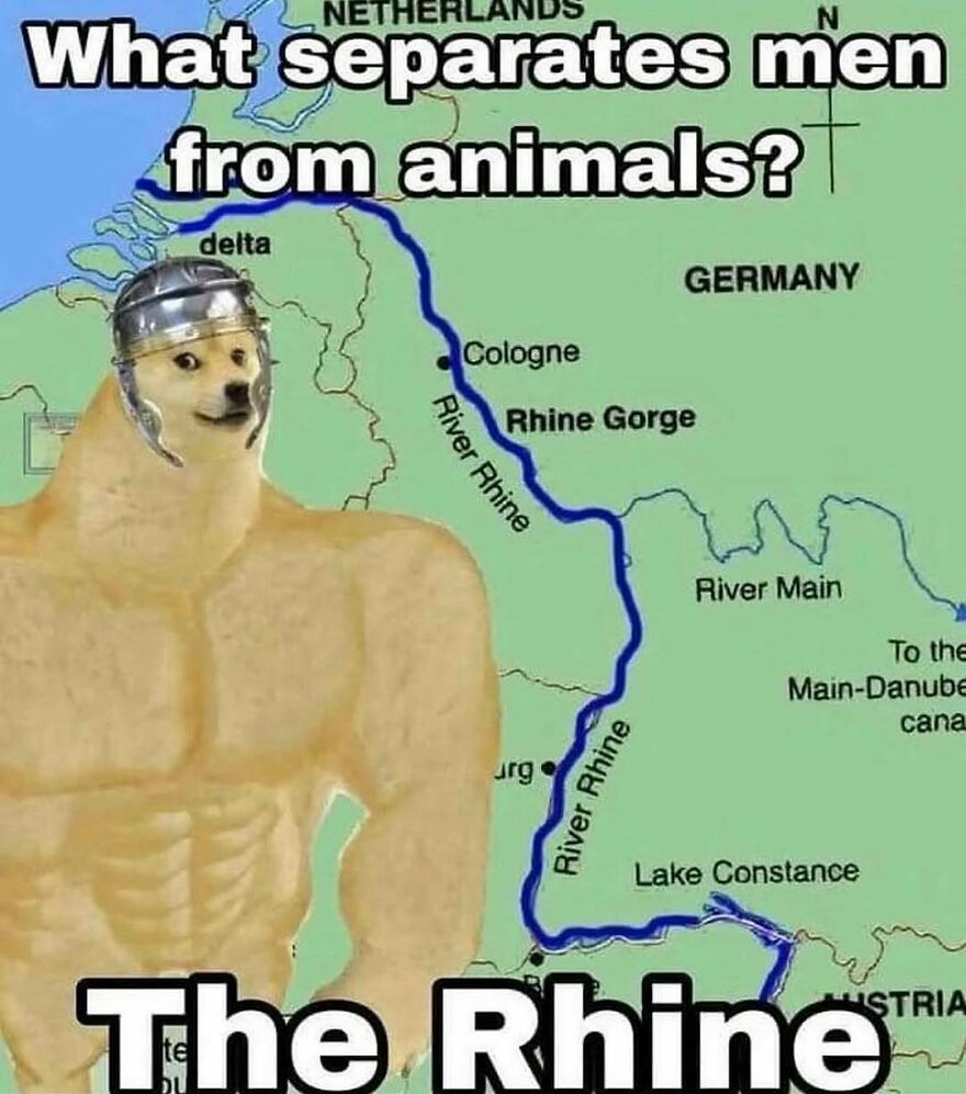 A history meme featuring Swole Doge as a Roman soldier by the River Rhine