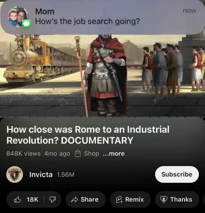 History meme about Rome's industrial revolution with text message overlay