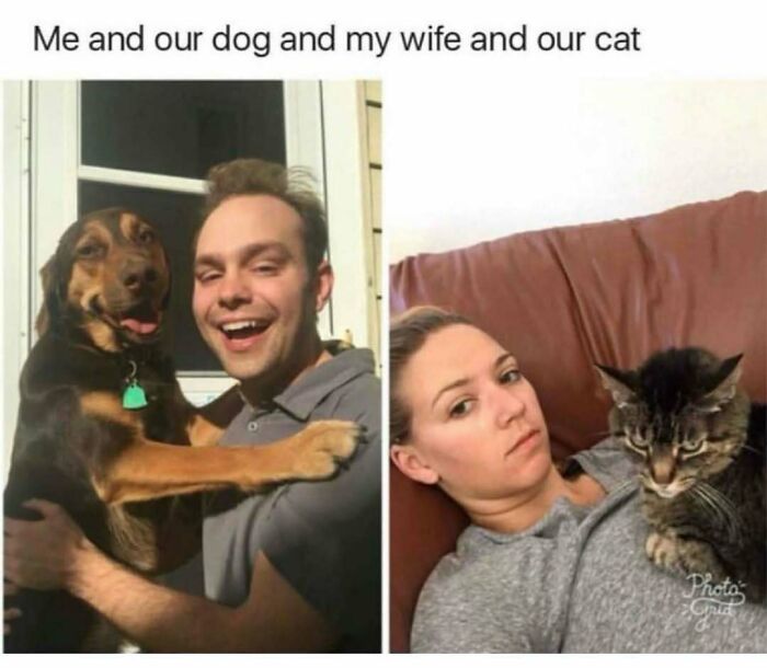 Hilariously adorable dog meme: split image of a man happily holding a dog, and a woman looking unimpressed with a cat on her chest.