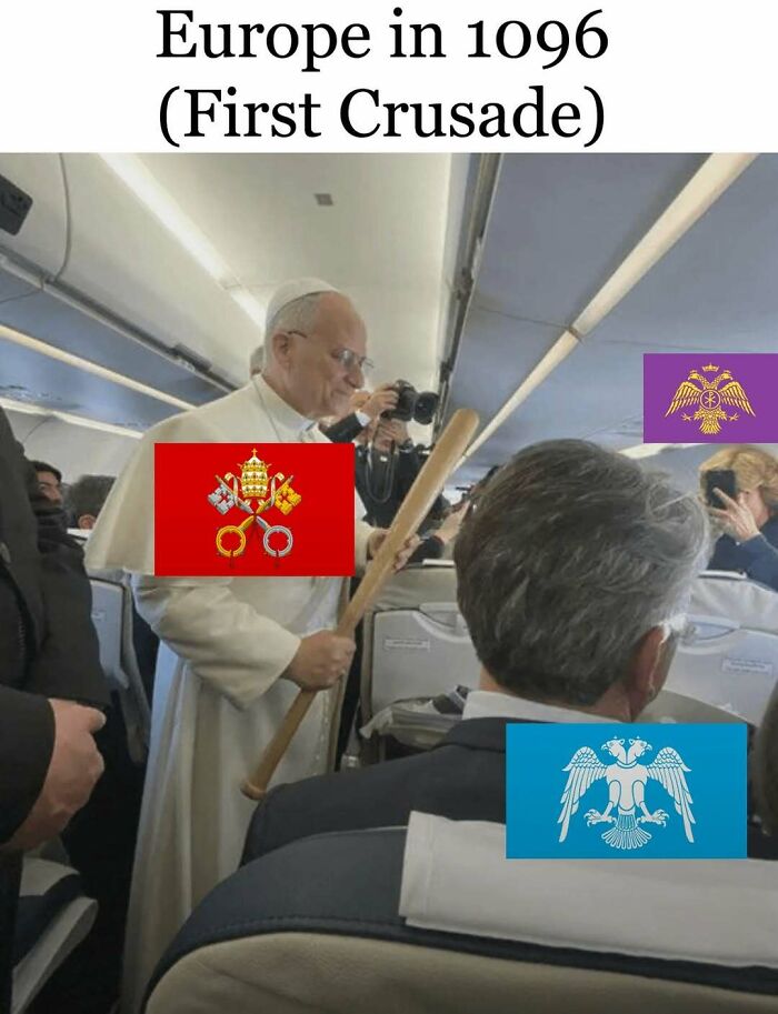 Humorous meme about Europe in 1096 during the First C*****e with historical flags