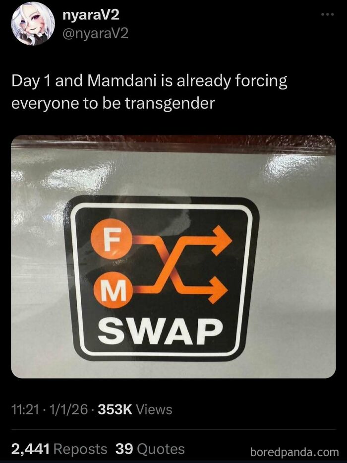 A funny meme tweet from nyaraV2 about Mamdani forcing everyone to be transgender, showing a F-M SWAP sign.