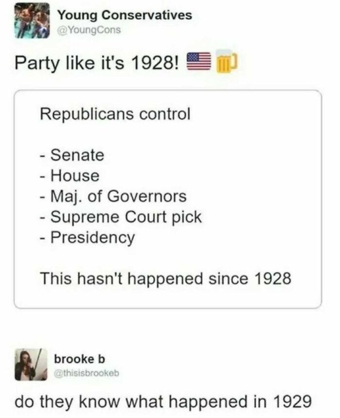Tweet meme about Republicans control in 1928 with historical reference