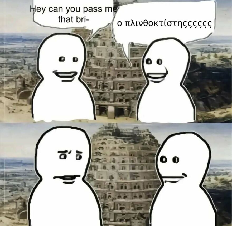 Tower of Babel language barrier meme featuring two figures unable to understand each other.
