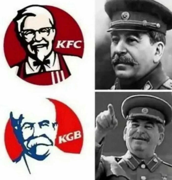 Side-by-side comparison of KFC logo altered to KGB with images of Stalin