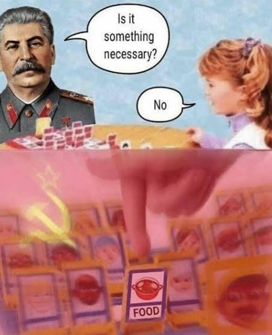 Joseph Stalin playing Guess Who with food as an option, depicting history memes