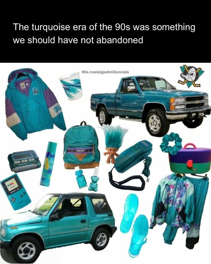 A collection of turquoise items showcasing nostalgic pics of 90s retro aesthetic and fashion.
