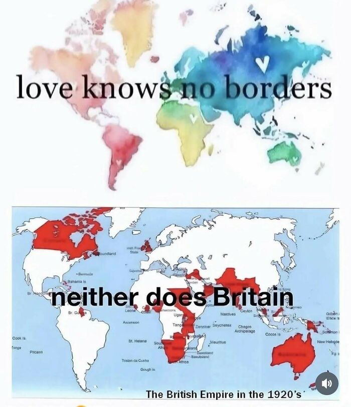 World map meme showing British Empire colonies in 1920s humor about borders