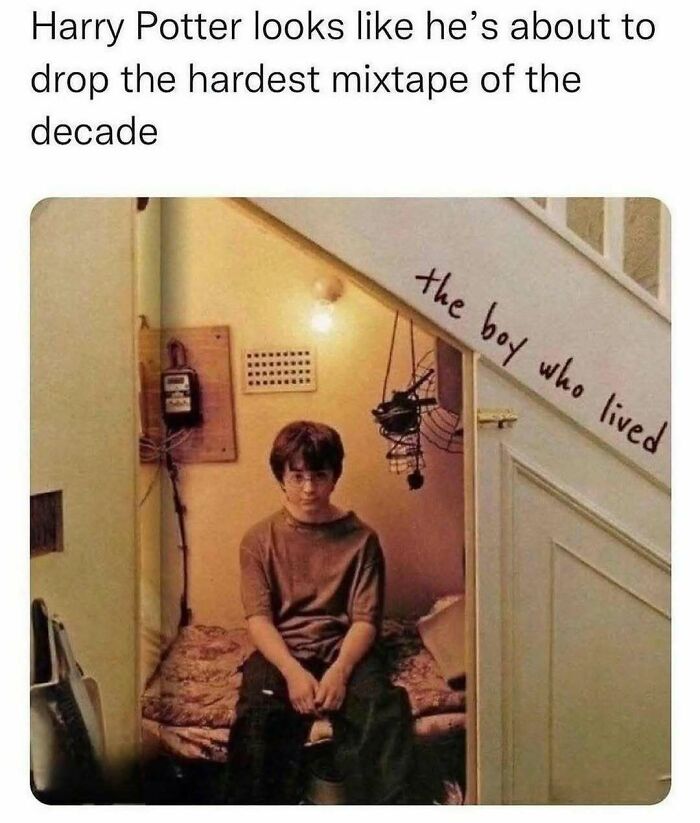 Meme of young Harry Potter in his cupboard under the stairs, bringing back nostalgic 90s vibes.