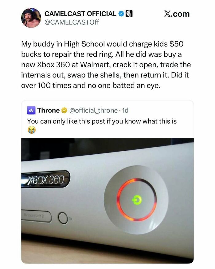 A tweet about repairing the Xbox 360 red ring of d***h representing nostalgic pics of gaming history