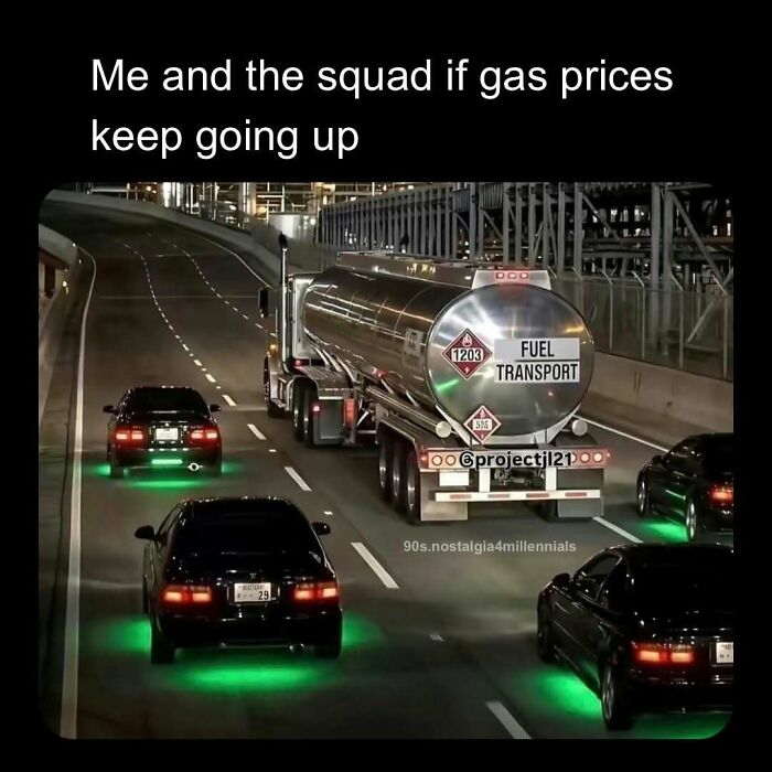 Fast and Furious style car scene meme about rising gas prices, a classic among nostalgic pics.