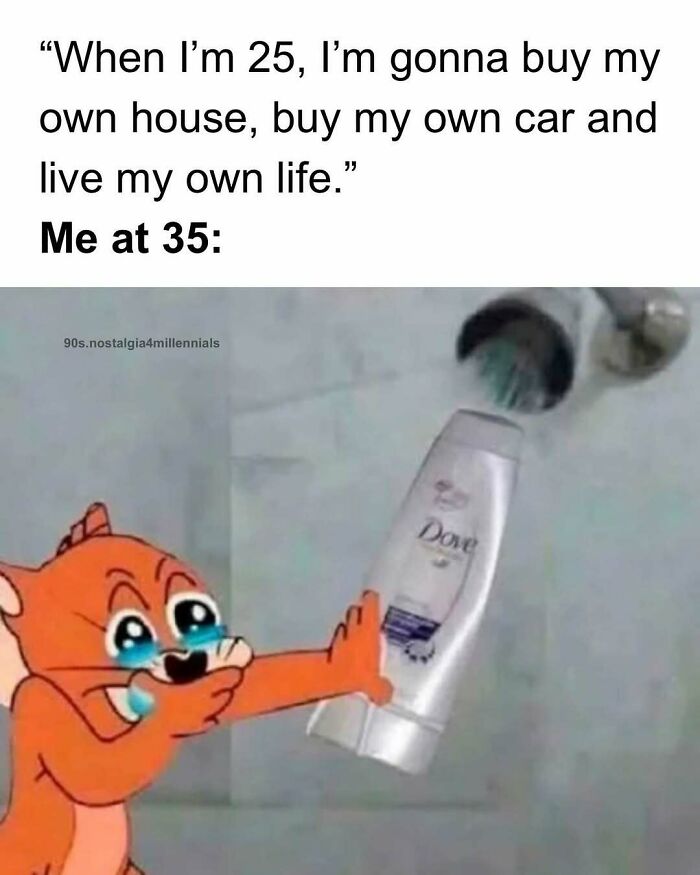 An orange cartoon cat crying while rinsing a Dove bottle under the shower, reminding us of 90s nostalgic pics.