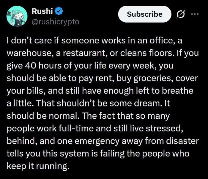 Relatable work meme discussing the importance of fair wages for 40 hours of work.