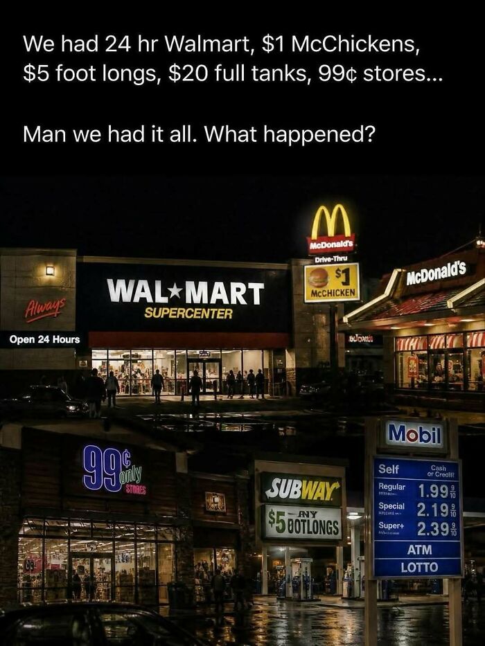 Collage of classic storefronts like 24-hour Walmart and McDonald's, representing 90s nostalgic pics.