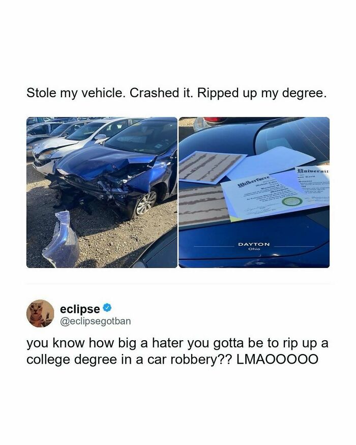 A split image meme featuring a crashed car and a ripped up college degree, highlighting a harsh but true robbery.