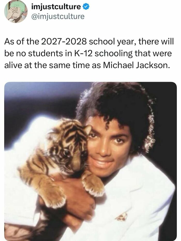 Michael Jackson holding a tiger cub, representing an imjustculture-post about K-12 schooling and generations.