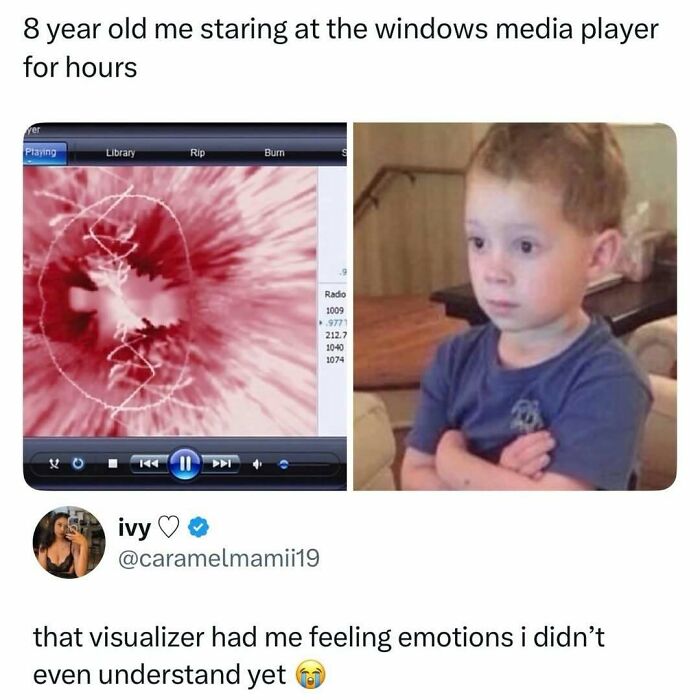 A side-by-side meme of Windows Media Player visualizer and a confused kid, perfect for nostalgic pics.