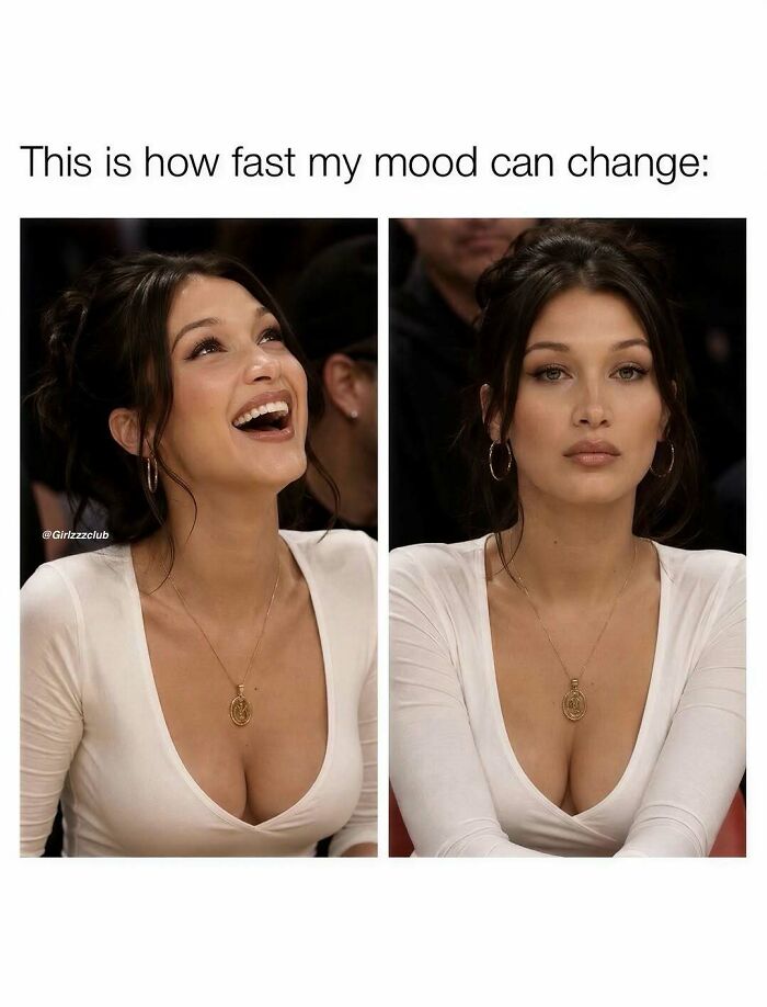 Funny memes comparing side-by-side images of a woman laughing and then looking serious.